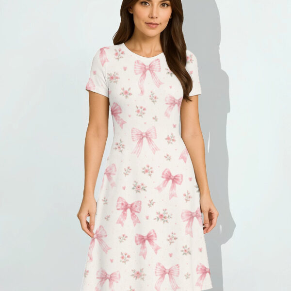 Women's Soft Pink Bow Print A-Line Dress | Floral Knee-Length Casual Summer Dress